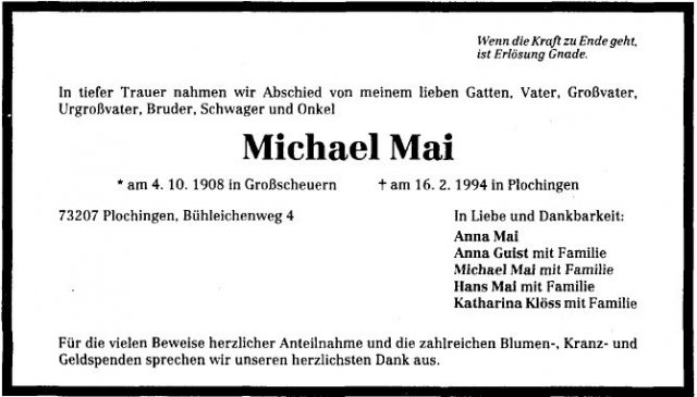 Mai Michael 1908-1994 Todesanzeige